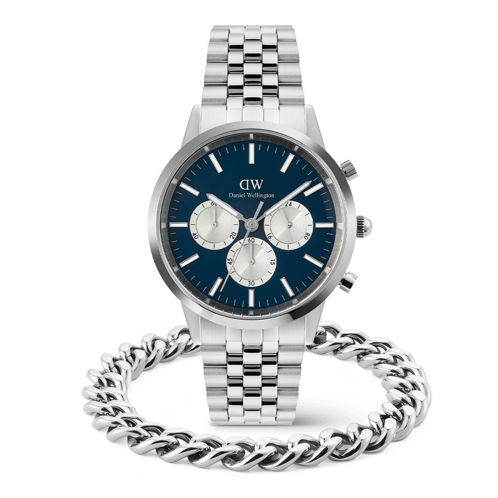 Iconic Chronograph Panda + Ellipse Cuban Chain Bracelet Silver Set