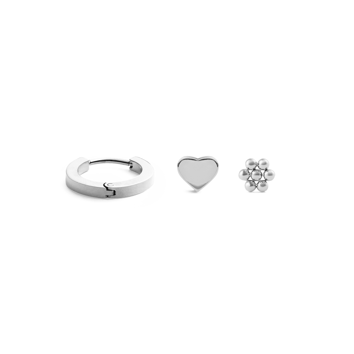 Hoop + Heart + Flower Stud Silver Set